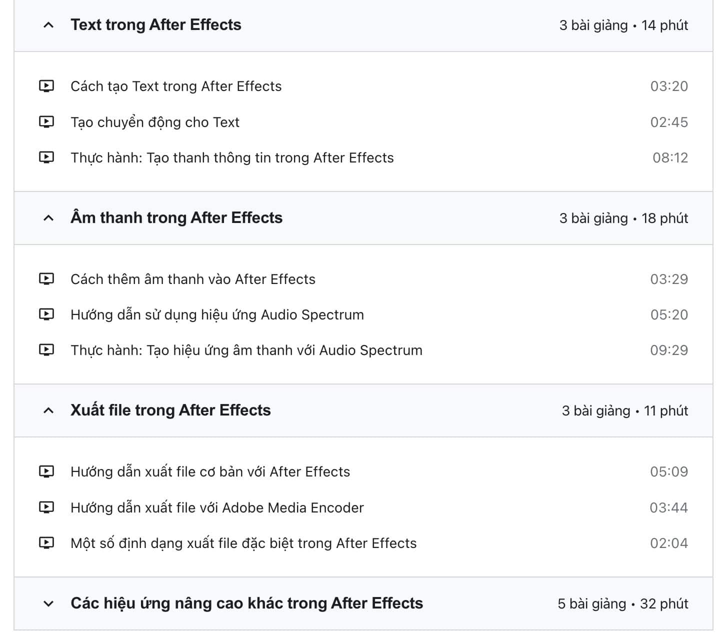 Nội dung khóa học Làm hiệu ứng video với After Effects mới 2023