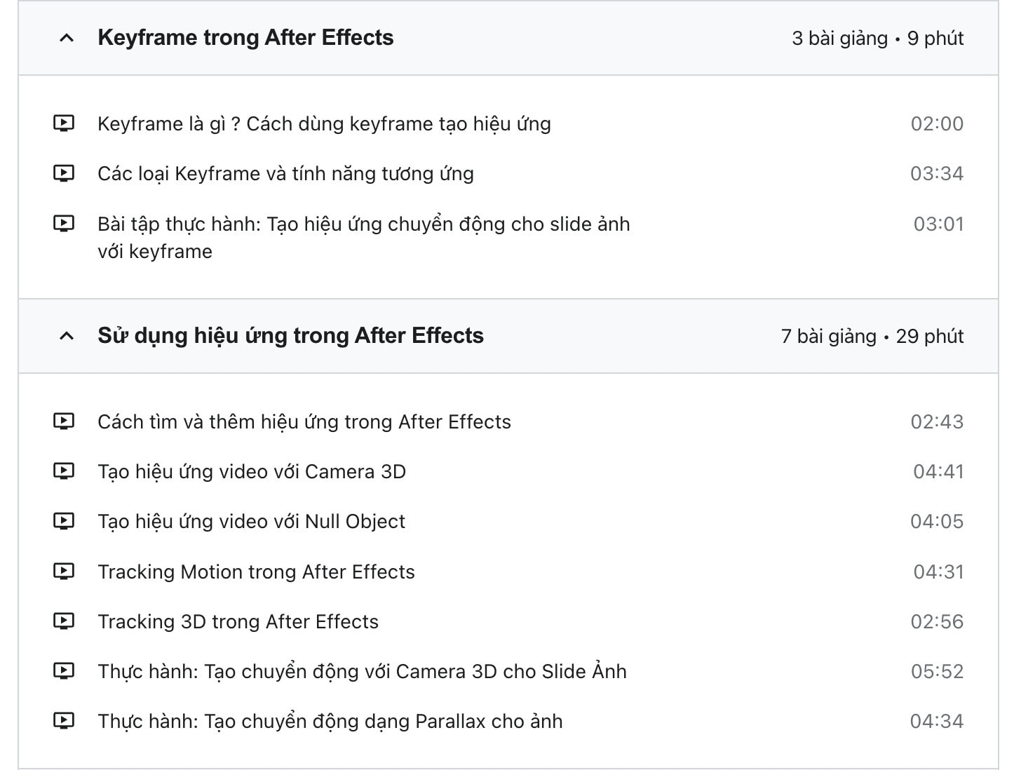 Nội dung khóa học Làm hiệu ứng video với After Effects mới 2023