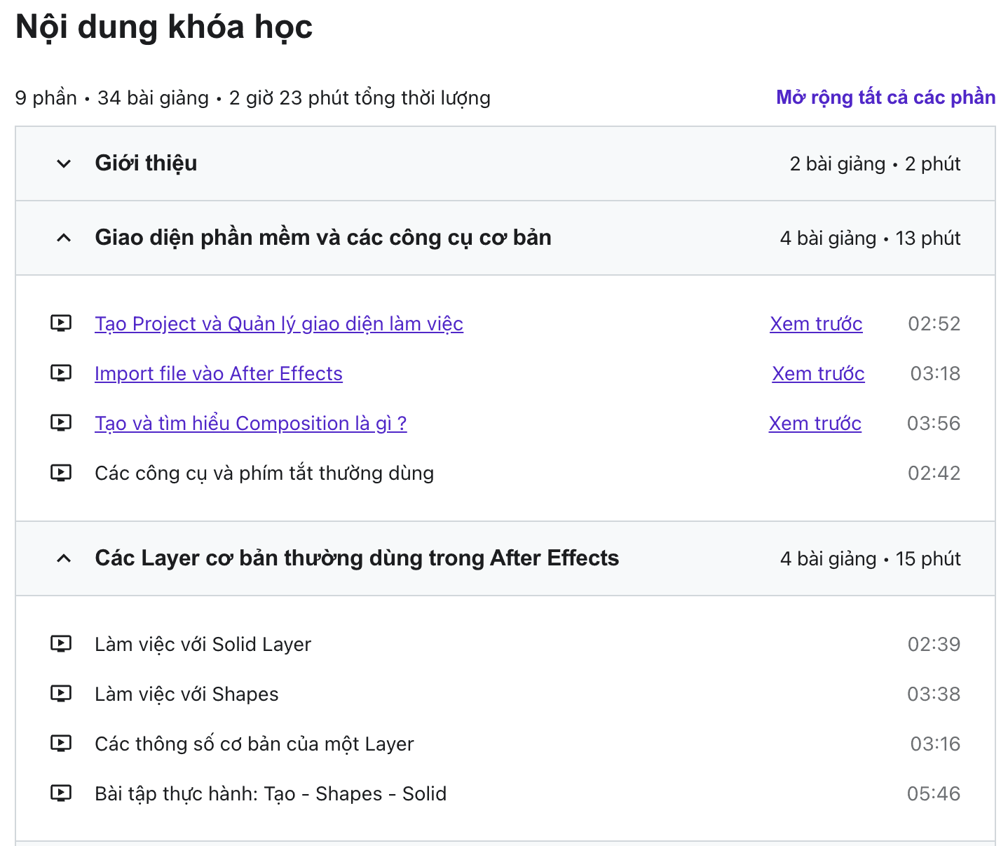 Nội dung khóa học Làm hiệu ứng video với After Effects mới 2023